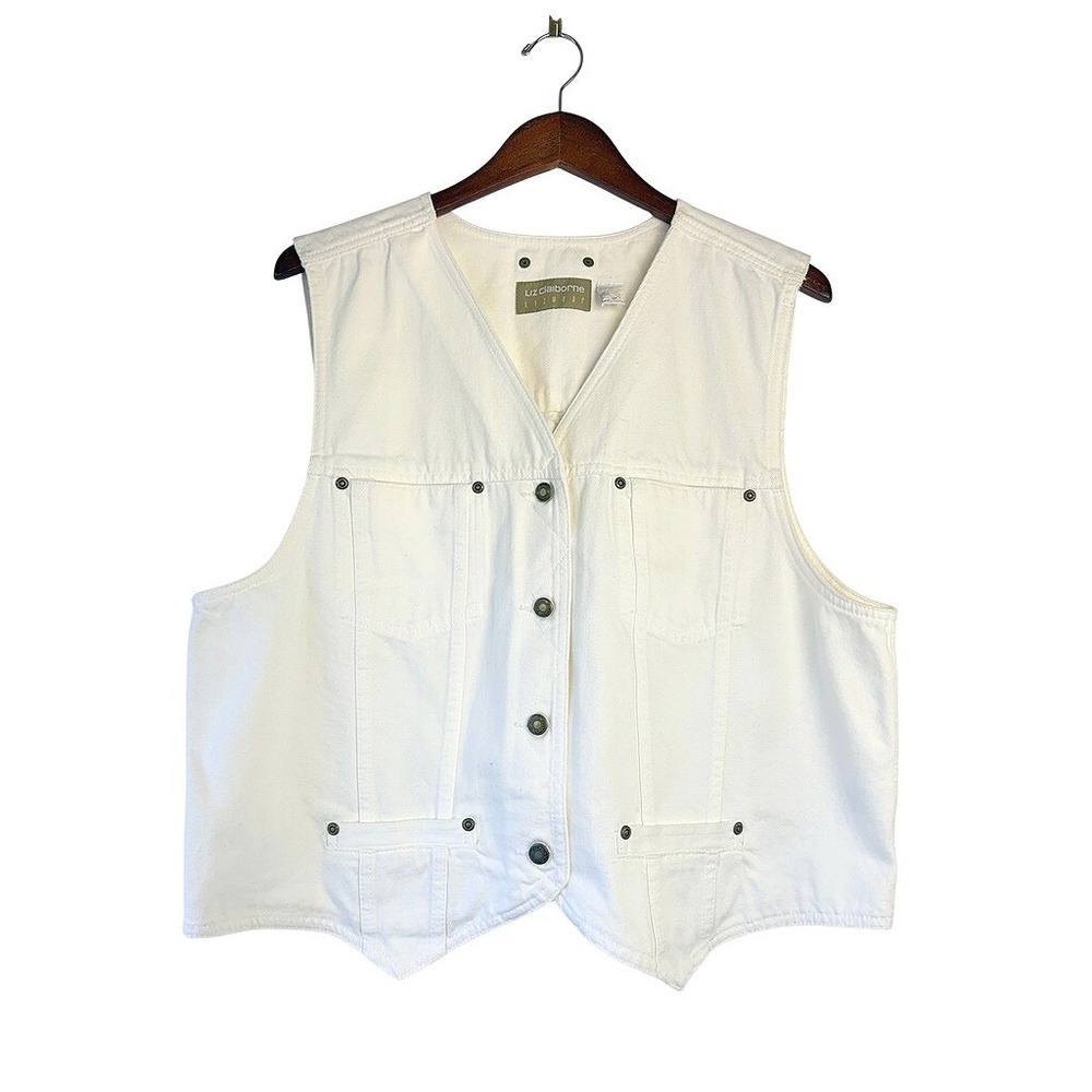 Vtg LIZ CLAIBORNE Lizwear White Denim Utility Vest Womens XL Y2K Coastal